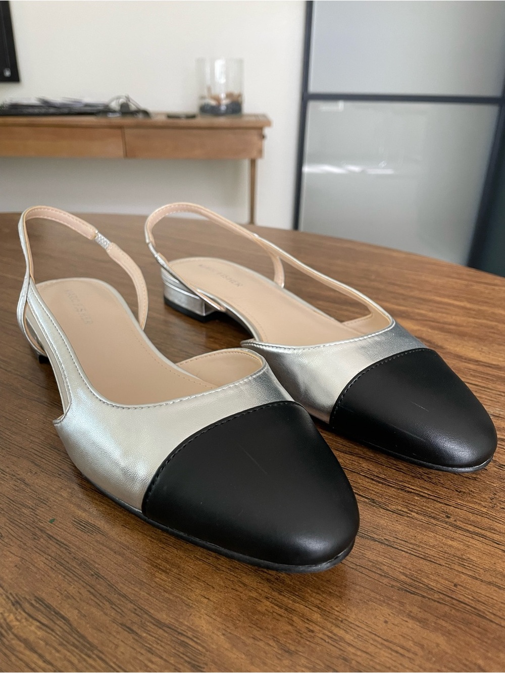 Marc Fisher Silver and Black Slingback Flats